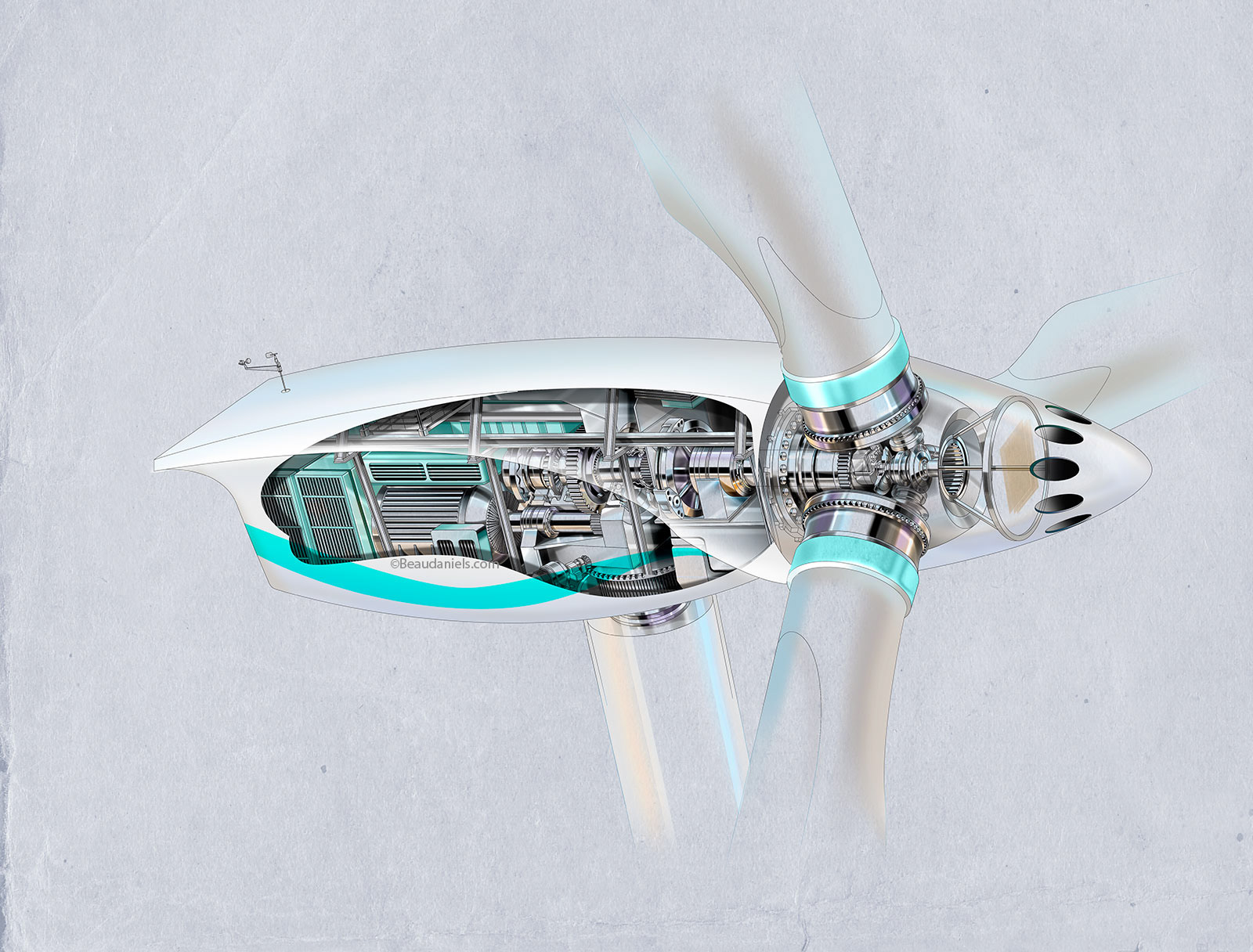 Wind turbine cutaway on a blueprint background
