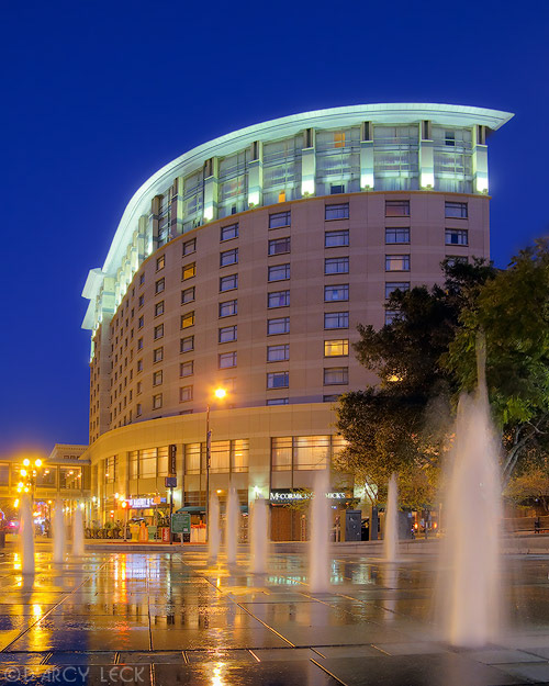 Fairmont San Jose hotel exterior at dusk - hospitality photograph