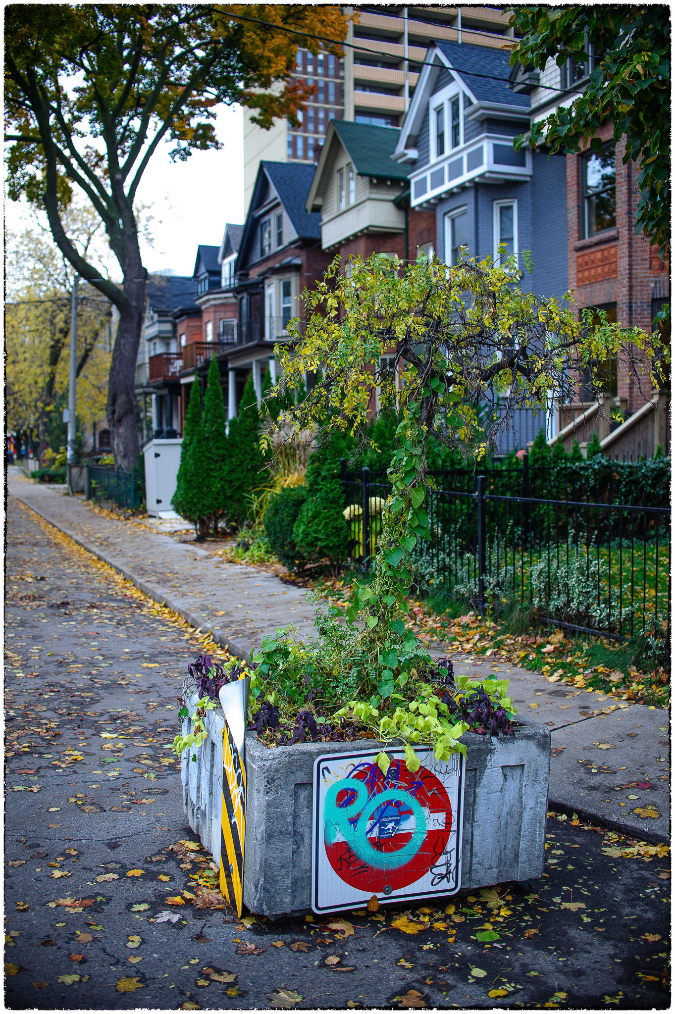 Well decorated no-entry sign on a concrete block/planter