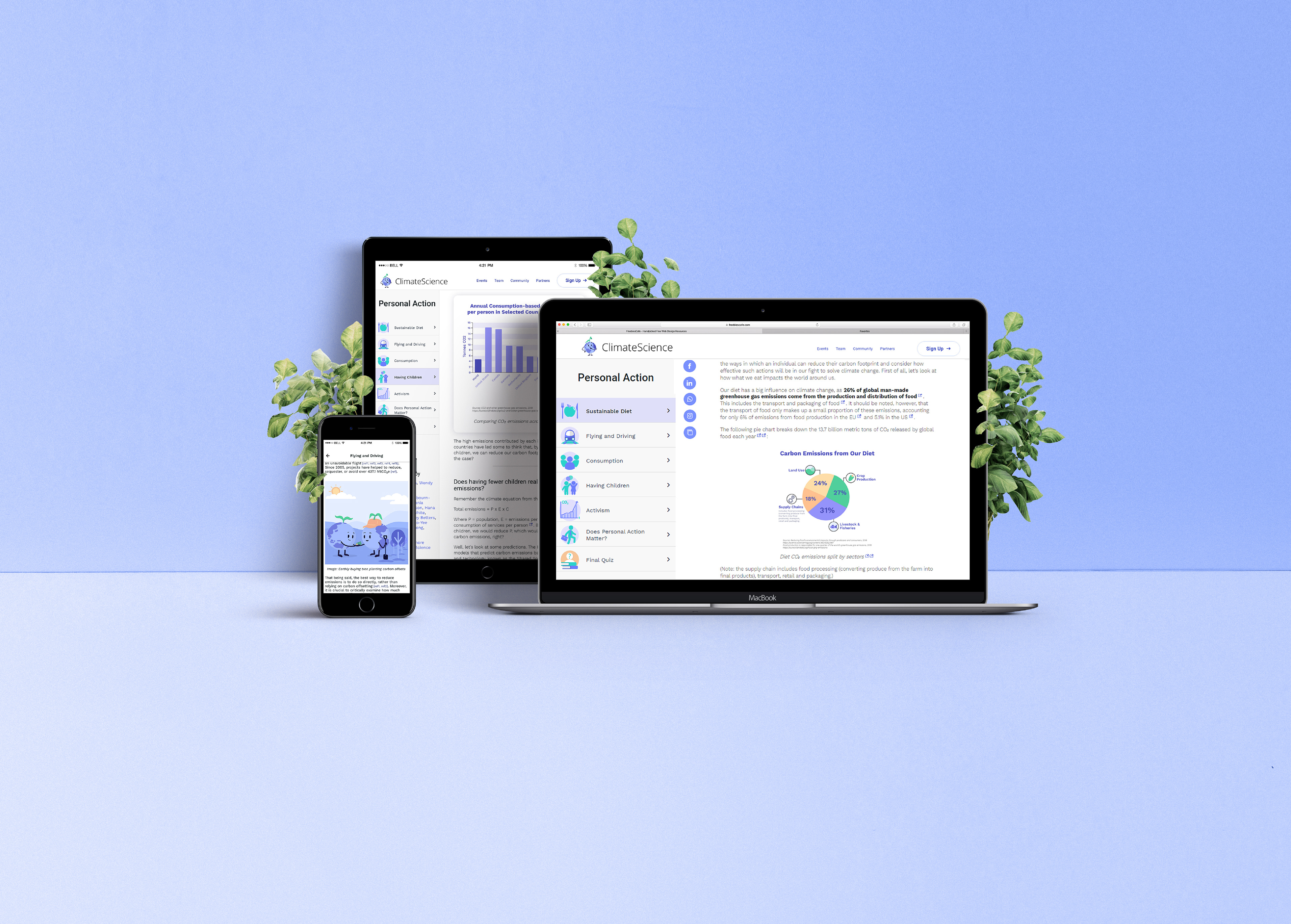 A mock up image of a phone, ipad, and laptop sitting open to the viewer. Each screen features a different screenshot of the Climate Science website, focusing on illustrations and data visualizations in situ.