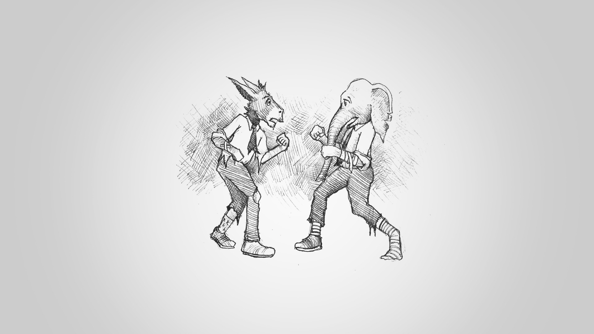 Custom Hand-drawn political cartoon/illustration of an Elephant and a Donkey looking tired and exhausted from fighting each other