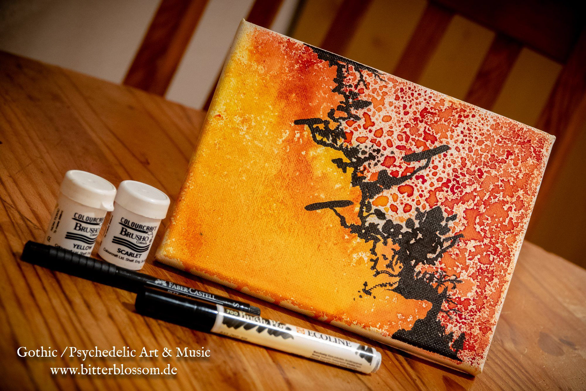 "The devine split of autumn" Brusho und Marker auf Leinwand.