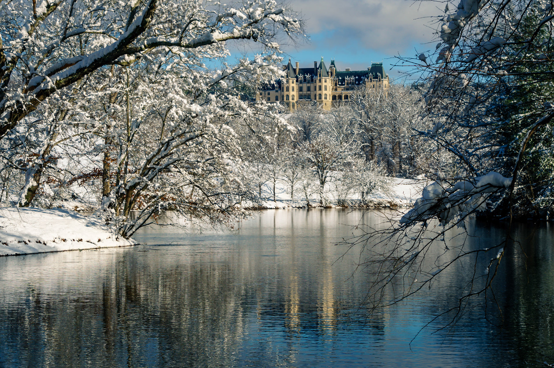 Snowy Biltmore House from the Lagoon