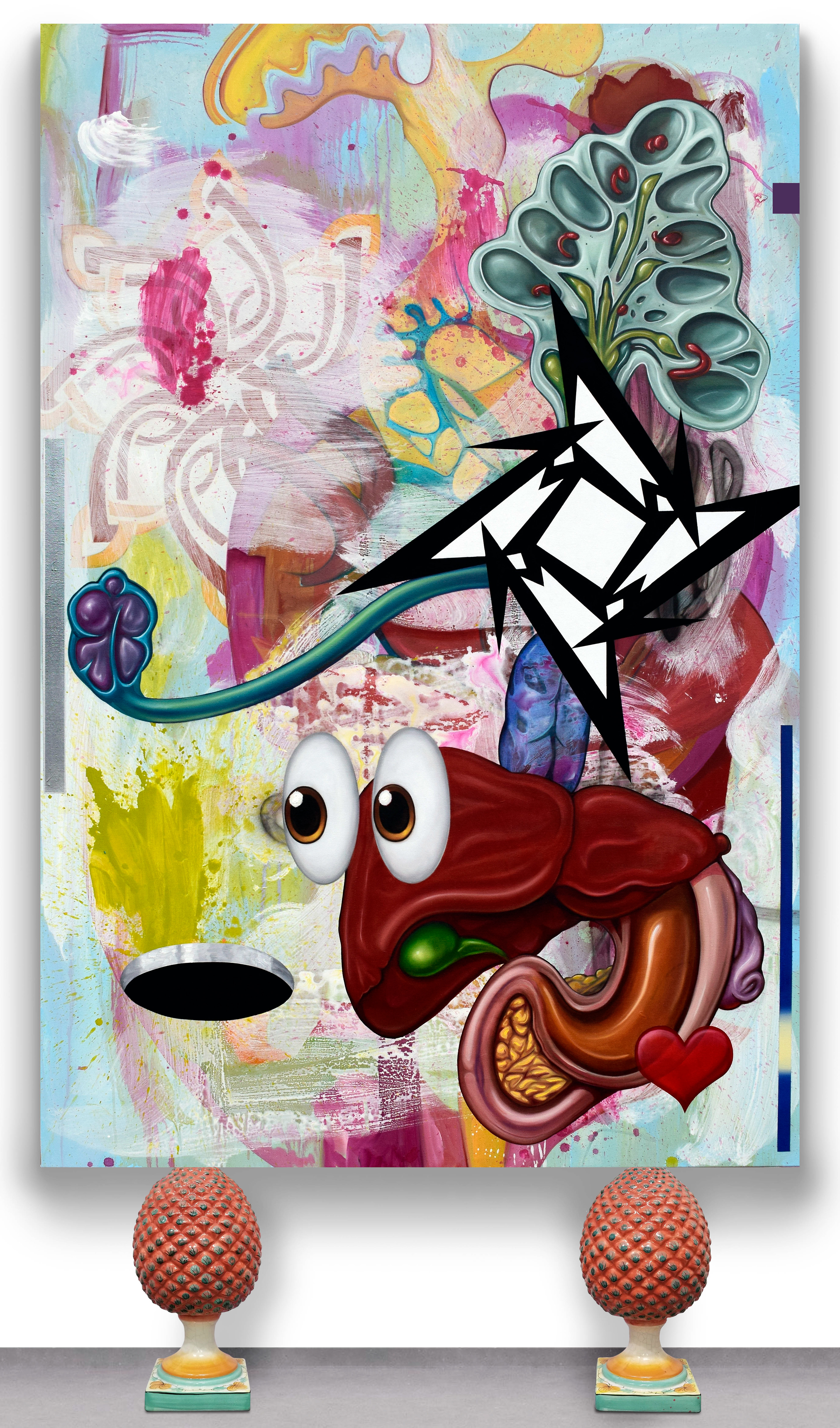 I Think I Hit Your Back Button, 2021 Mixed media on canvas with ceramic pineal glands, 48"x84"