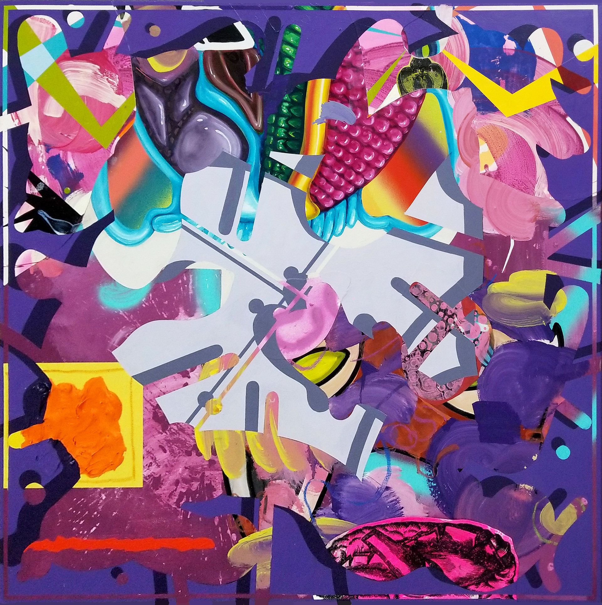 Caesar the Mollusk Squeezer, 2019, 36" x 36" mixed media on canvas